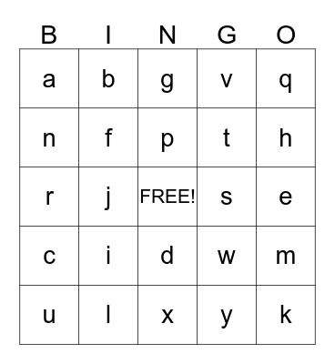 lowercase letters Bingo Card