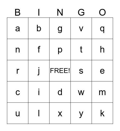 lowercase letters Bingo Card