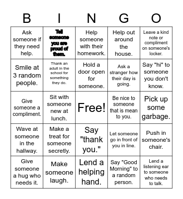 Random Acts of Kindness Bingo Card