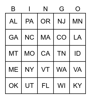 USA States Bingo Card