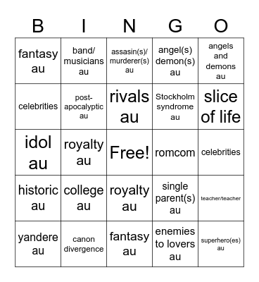 Fanfiction AU Bingo Card