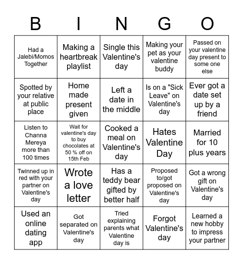 Valentine day Bingo activity Bingo Card