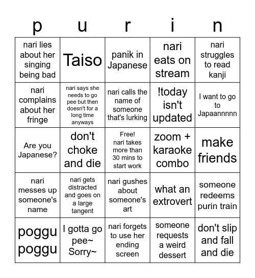 purinnari bingo Card
