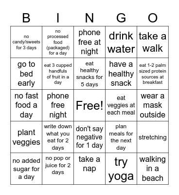 Healthy Habits Bingo Card