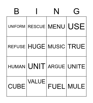 LONG U SOUND Bingo Card