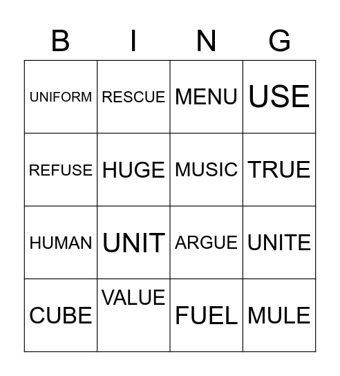 LONG U SOUND Bingo Card