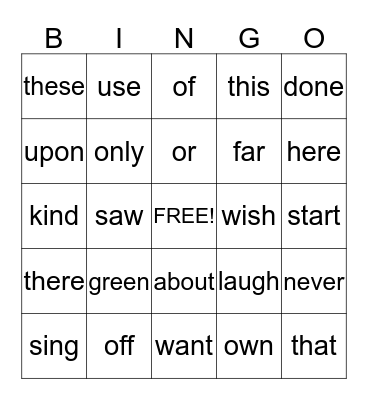 Sight Words Bingo Card
