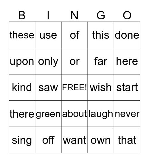 Sight Words Bingo Card