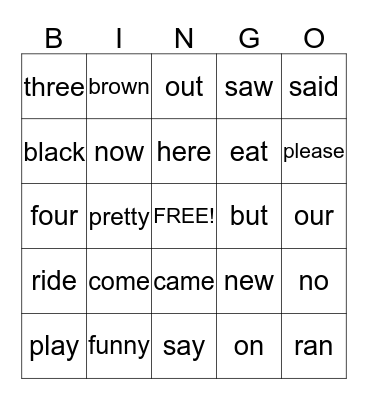 Sight Words Bingo Card