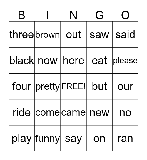 Sight Words Bingo Card