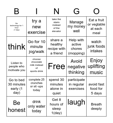 HEALTHY LIFESTYLE 3 Bingo Card