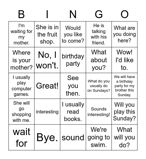 2B Lesson 22 Bingo Card