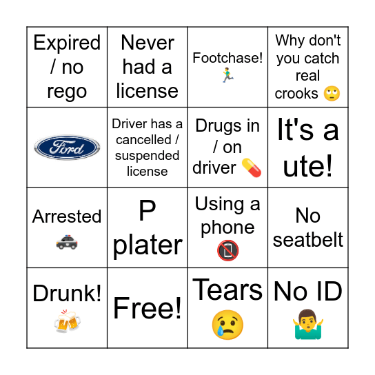 Highway Patrol Bingo Card