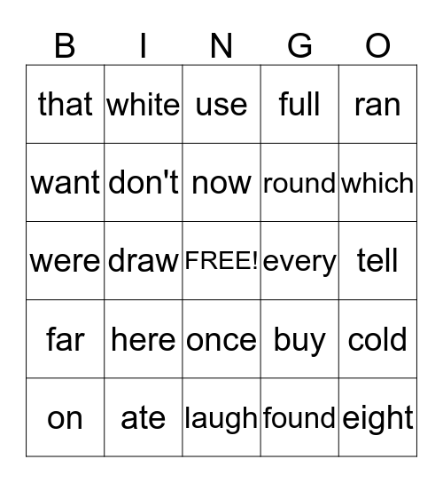 Sight Words Bingo Card