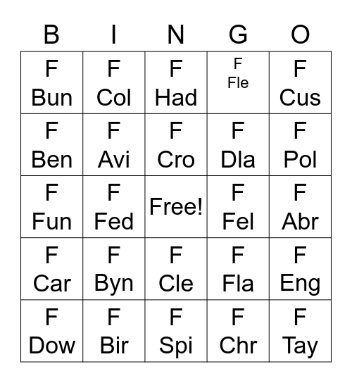 Fiction Call Number Bingo Card
