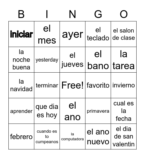 La escuela Bingo Card