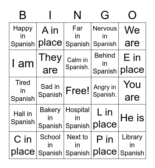 Verbo Estar + Vocabulary Bingo Card