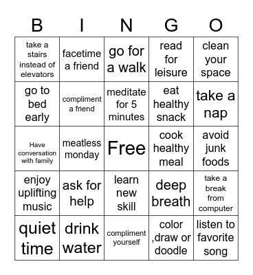 Healthy Habits Bingo Card