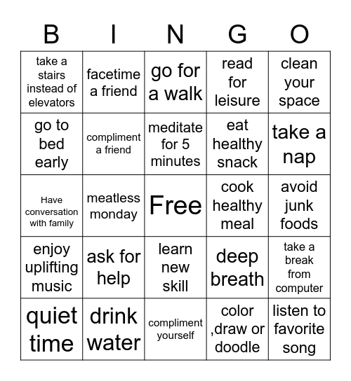 Healthy Habits Bingo Card