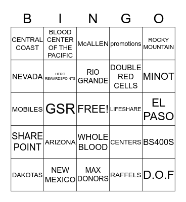 UNITED BLOOD SERVICES  Bingo Card