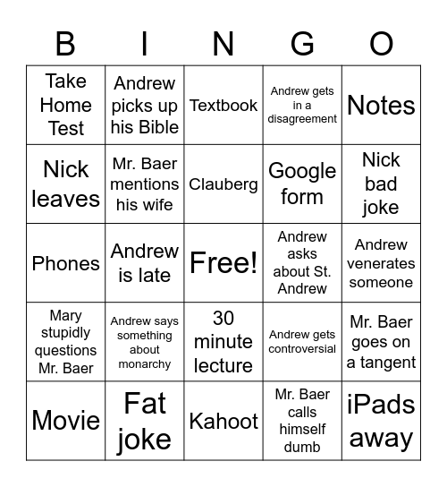 Baer Bingo Card