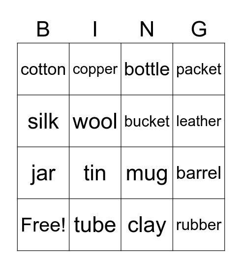 Materials and containers Bingo Card