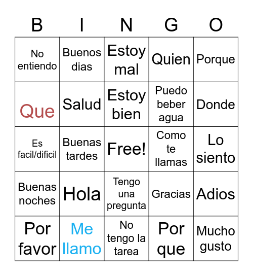 Common Phrases in Spanish Bingo Card