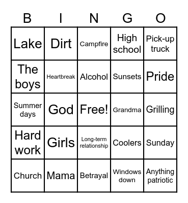Country Song Bingo Card
