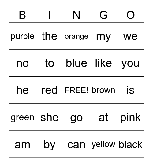 Kindergarten Sight Word Bingo Card