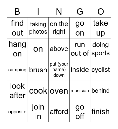 vocabulary Bingo Card