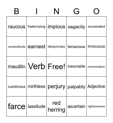 Vocabulary Bingo Card