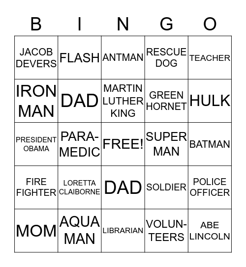 HEROES Bingo Card