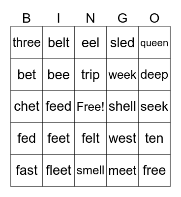 Long e - ee Bingo Card