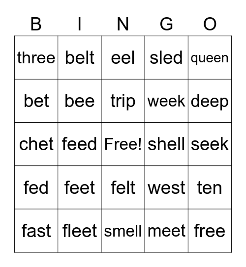 Long e - ee Bingo Card