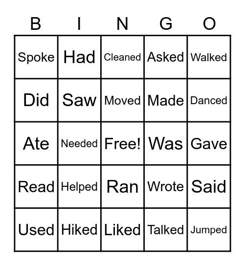 Past Tense Bingo Card