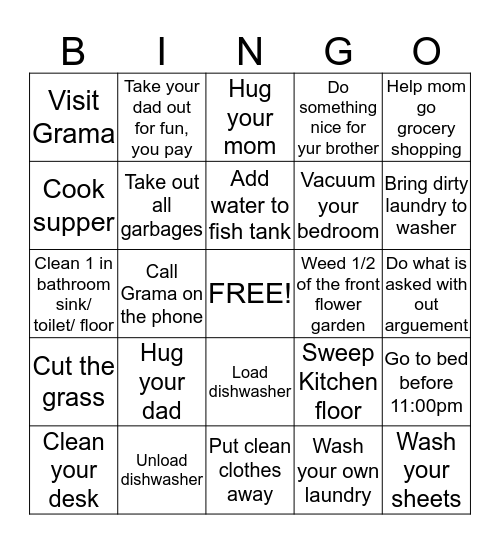 Stuff to do Bingo Card