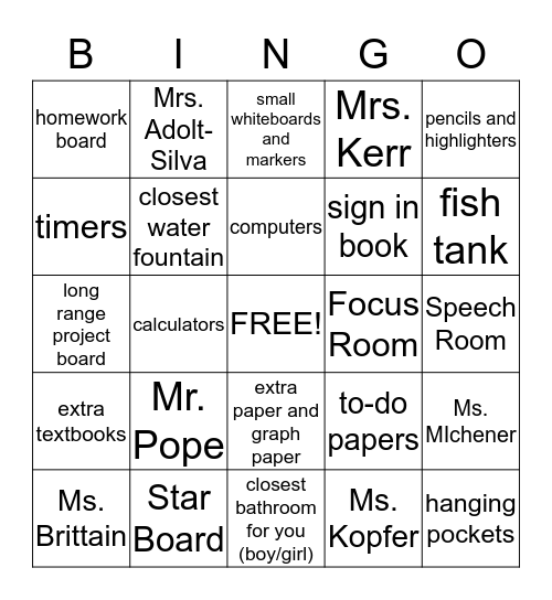 Resource Room Scavenger Hunt Bingo Card