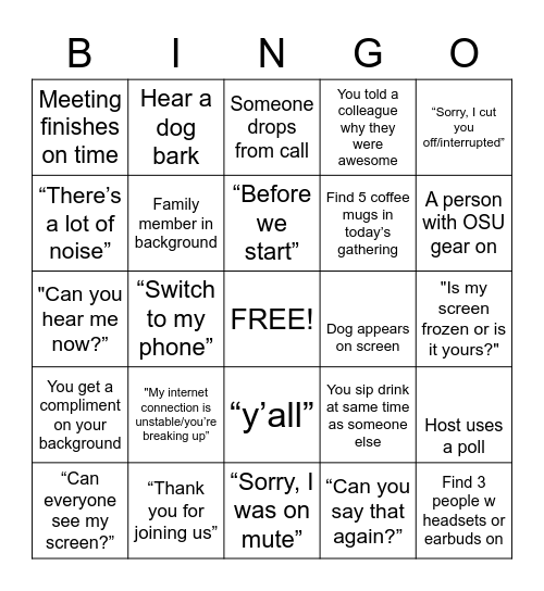 Zoom Bingo Card