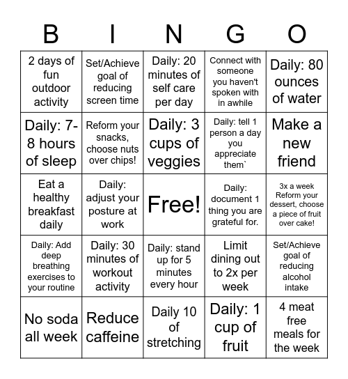 New Year Healthy Challenge Bingo Card
