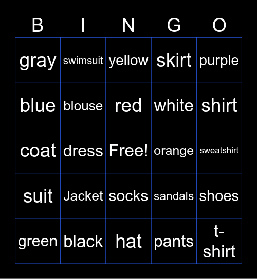 Colores y La Ropa Bingo Card