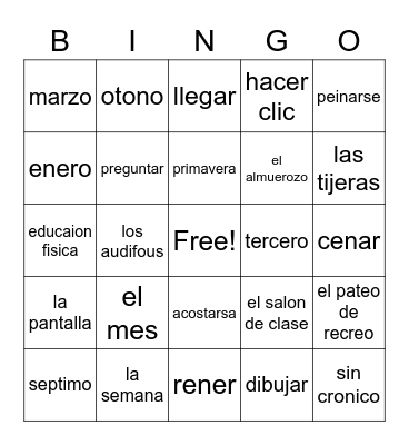 Unit 2 Mi Rutina y La Escuela Bingo Card