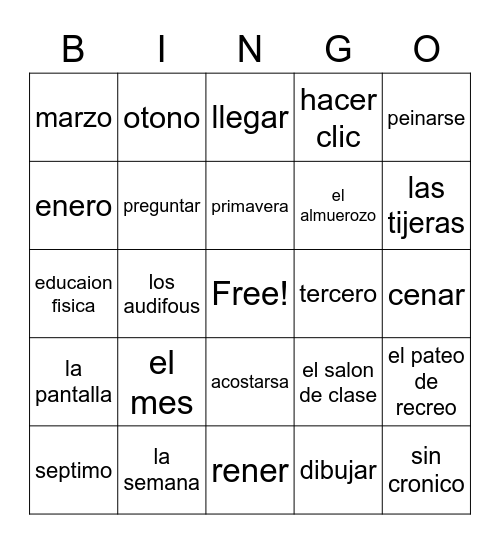 Unit 2 Mi Rutina y La Escuela Bingo Card