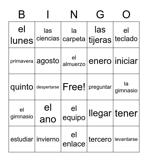 Unit 2 Mi Rutina y La Escuela Bingo Card