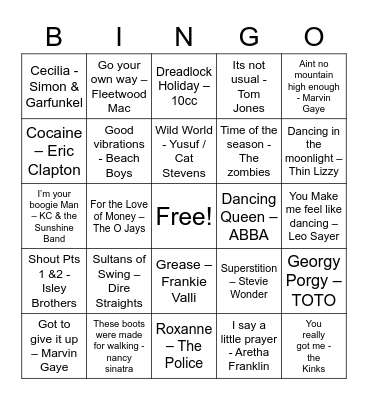 60's & 70's Bingo Card