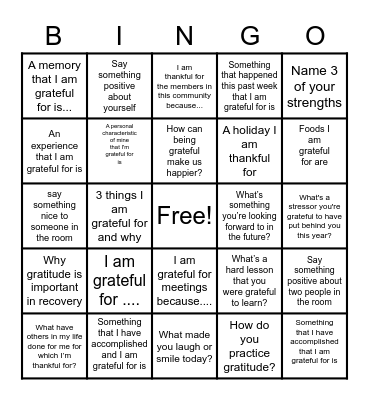 Gratitude Bingo Card