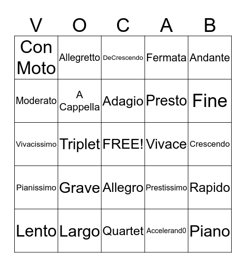 Vocabulary I Bingo Card