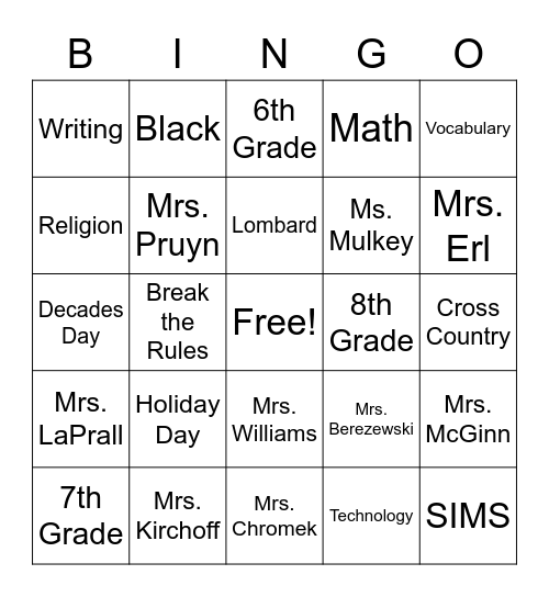 St. Pius X School Bingo Card