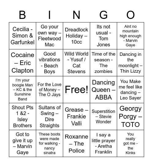 60's & 70's Bingo Card