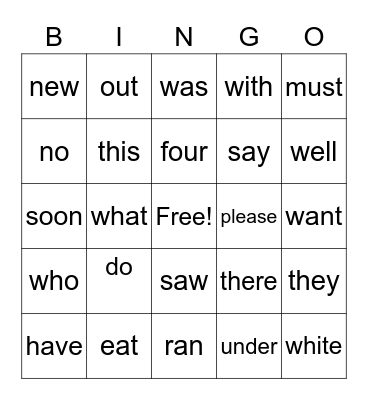 Sight Words Bingo Card
