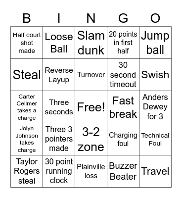 Plainville Basketball Bingo Card